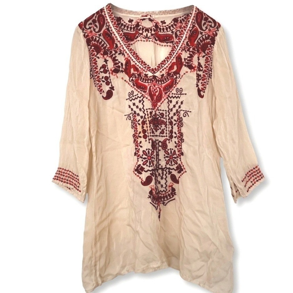 Johnny Was Embroidered Cupra Rayon Tunic Top Ivory Red Boho V-Neck Small